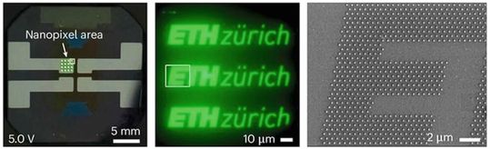 A pixel array of organic nano light-emitting diodes represents the ETH logo with a resolution of 50,000 pixels per inch (ppi).(Image: Jiwoo Oh / ETH Zurich; Nature Photonics)