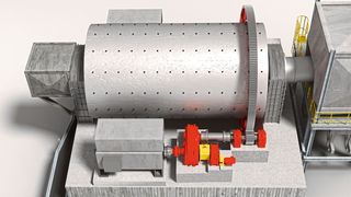 Prinzipschema der Kugelmühle (ähnlich dem tatsächlichen Antriebsaufbau): Auf beiden Seiten der Mühle treibt jeweils ein Motor über ein Getriebe ein doppelt gelagertes Ritzel an. Jedes Ritzel überträgt 2.250 kW Antriebsleistung auf den Zahnkranz (Bild: SEW)