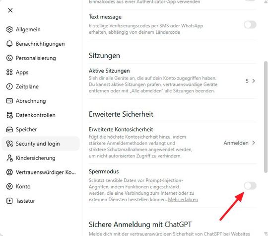 Nutzer können den Sperrmodus in ChatGPT in den Einstellungen aktivieren. (Bild:  Joos - OpenAI)