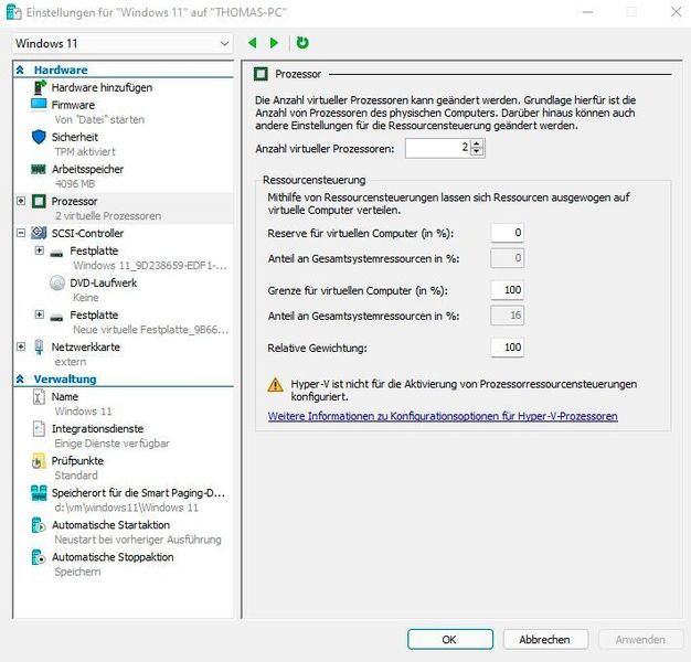 Erhöhen der Prozessoranzahl in Hyper-V-VMs zur Installation von Windows 11. (Joos / Microsoft)