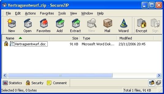 SecureZIP besteht aus einem Outlook-Plug-in und diesem Tool, in dem sich Dateien verschlüsseln und an das Mailprogramm übergeben lassen. (Archiv: Vogel Business Media)
