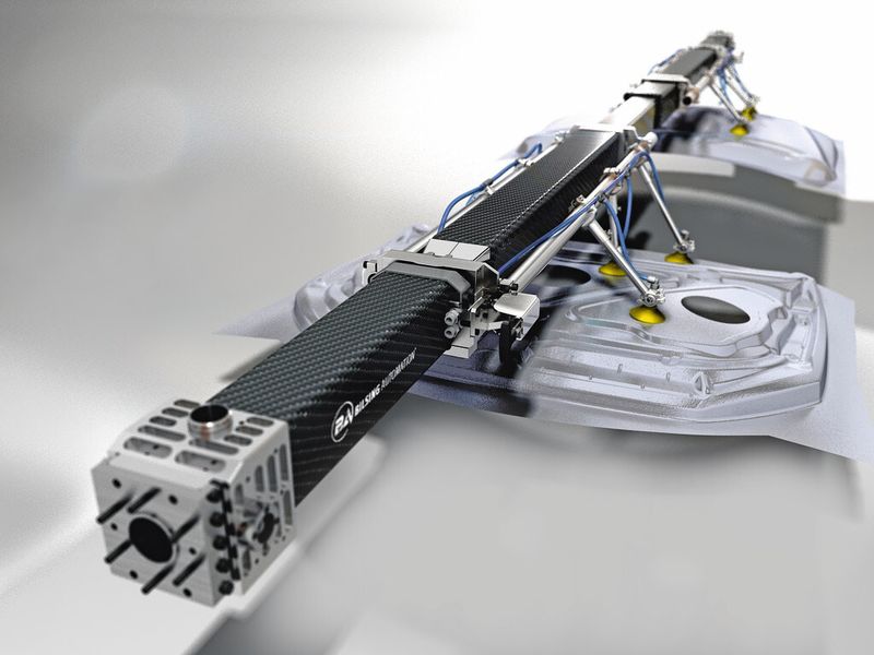 Teleskopierbarer Carbon Fiber Balken der Firma Bilsing Automation, bestückt mit Bilsing Leichtbautoolings und Bilsing Vakuumsaugern. (Bild: Bilsing)