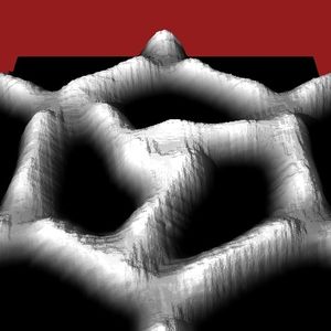 Rotor in Position A: 3D-Darstellung des aus drei stabförmigen Molekülen gebildeten Nanorotors. 