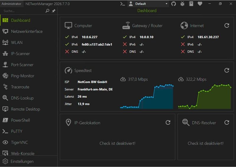 Das Dashboard des NETworkManager prüft die Konnektivität von Computer, Gateway und Internet und misst per Speedtest-Widget Bandbreite, Latenz und Jitter. (Bild: Joos - BornToBeRoot)