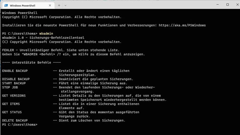 Sicherung von Windows über das Windows-Terminal und der PowerShell in Windows 11. (Bild: Joos (Screenshot))