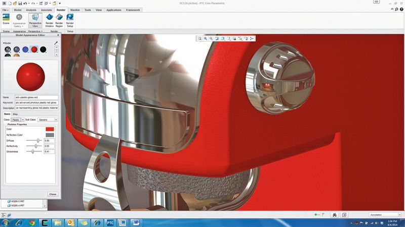 Bild 1: Die neue Version von PTC Creo weist zahlreiche Verbesserungen auf, darunter die Grafikleistung. Durch Schatten und Reflexion können verschiedene Materialien realistisch wiedergegeben werden. (PTC)