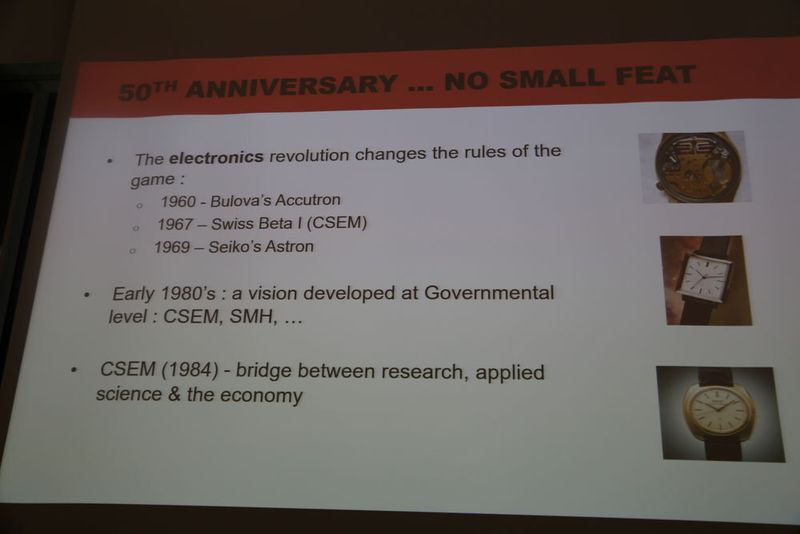 Conférence de Daniel Borel, cofondateur de Logitech lors de la célébration au CSEM des 50 ans de la première montre bracelet électronique.  (JR Gonthier)