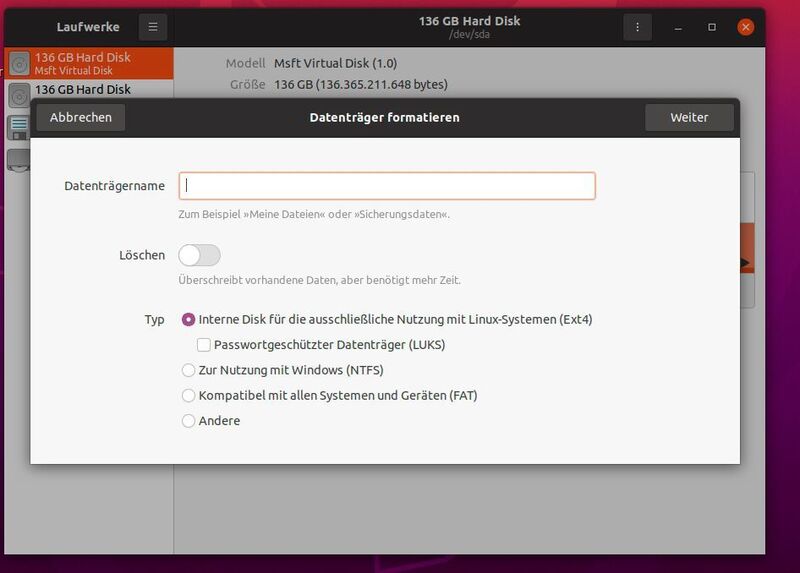 Formatieren von Datenträgern in Ubuntu/CentOS. (Joos (Screenshot))