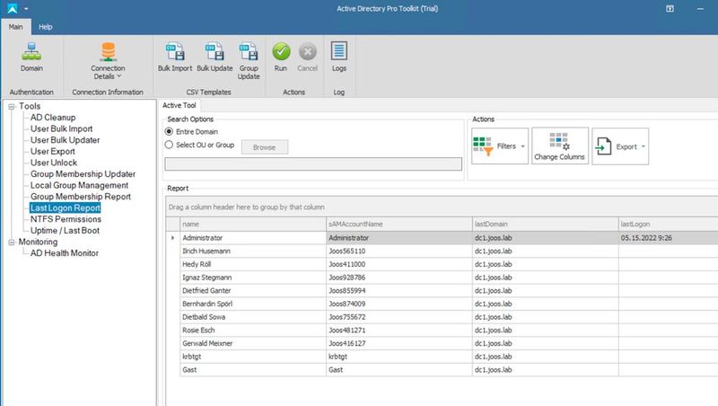 Das Active Directory Pro Toolkit bietet auch verschiedene Berichte, wie die letzten Anmeldungen von Benutzern. (Bild: Joos / Active Directory Pro)