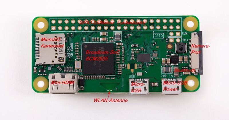Raspberry Pi Zero W: RPi Zero mit Wireless-Funktionen basiert auf dem Broadcom-SoC Singlecore 2835 mit ARMv6/ARM11 und gehört zur Familie Raspberry Pi 1 mit bis zu 1 GHz Takt und 512 MB DDR2-RAM. (raspberrypi.org)