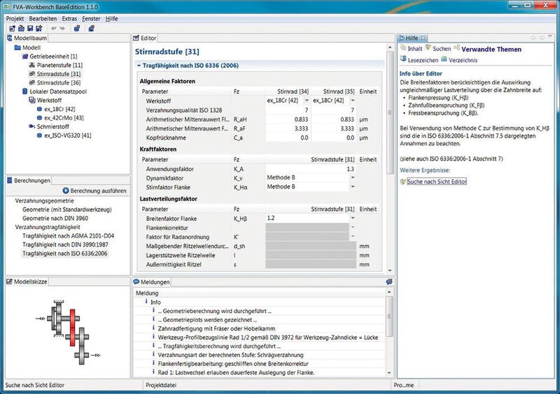 Mit der kostenfreien FVA-Workbench Base Edition kann der Anwender reale Geometrien für außenverzahnte Stirnräder ermitteln, Stirnradeingriffe berechnen und kontrollieren sowie Tragfähigkeitsberechnungen nach gängigen Normen durchführen. (Bild: FVA)