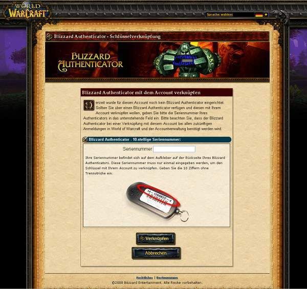 Um den Blizzard-Authenticator-Token mit dem jeweiligen Online-Account zu verbinden, muss die Seriennummer des Tokens im Account hinterlegt werden. (Archiv: Vogel Business Media)