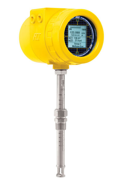 Fluid Components International’s ST100 series thermal flow meter continuously displays all process measurements and instrument status for easy on-site viewing by technicians. (FCI)