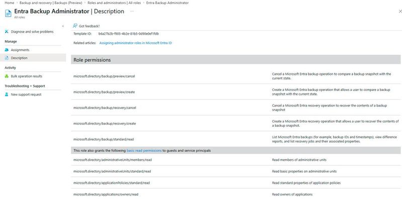 Die Detailansicht der Rolle Entra Backup Administrator listet die zentralen Berechtigungen für das Erstellen und Abbrechen von Differenzberichten und Wiederherstellungsoperationen sowie das Lesen der Backup-Liste auf. (Bild: Joos | Microsoft )