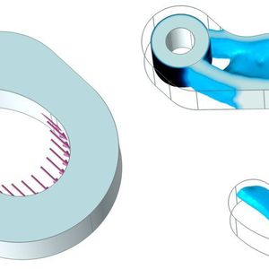 Topologieoptimierung eines Hakens. Die Simulation ermittelt die optimale Materialverteilung, wenn das Strukturbauteil zwei Lastfällen ausgesetzt ist.