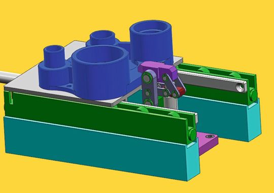 Roemheld zeigte am Beispiel eines Maschinentischs, wie ein Linearantrieb grosse und schwere Vorrichtungen über Kugelrollenleisten in Position schiebt. Absenkbare Spannelemente mit Hebelkinematik spannen sie automatisch.(Bild:  Stark Spannsysteme)