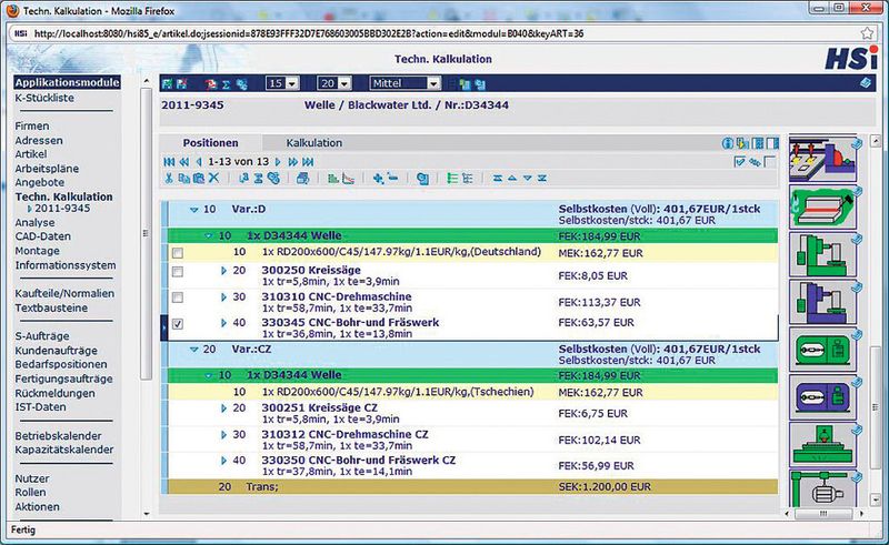 Im Modul HS-Kalk/TK lassen sich nach Angaben der HSI GmbH technologie- und länderspezifische Kalkulationsvarianten erzeugen. (Bild: HSI)