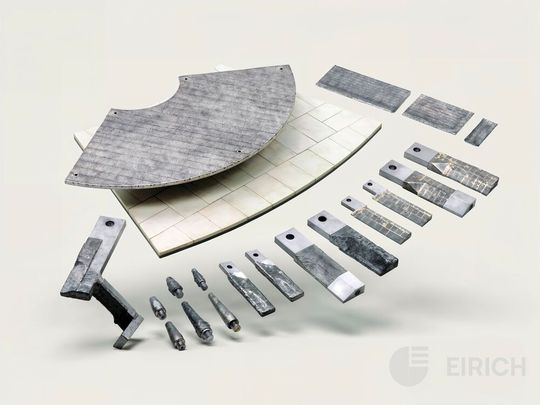 Hier sieht man eine Palette an Verschleißteilen, die als Originalkomponenten in den Mischsystemen von Eirich aus Hardheim verbaut sind, aber irgendwann auch am Ende. Eirich hat nun die Preise dafür neu kalkuliert, um Anwender unter anderem vor Plagiaten zu schützen ...(Bild:  Eirich)