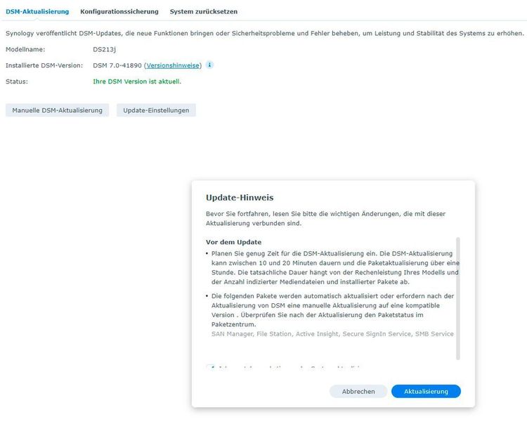 Neue Versionen von DSM 7 sollten schnellstmöglich installiert werden. Die Version 7.0.1 behebt viele Fehler. (Joos/Synology (Screenshot))