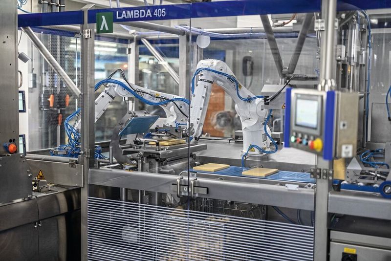 Zwei KR-Agilus-Hygieneroboter verarbeiten bei Vepo Cheese Käse zu Sticks und führen diese der Verpackungsmaschine zu. (Bild: sg)