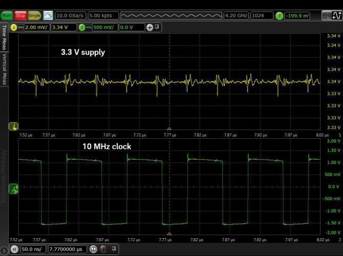 Bild 11: Getriggert auf 10-MHz-Takt bei eingeschalteter Durchschnittsbildung reduziert das zufällige Rauschen und die Signale, die nicht mit dem 10-MHz-Takt korrespondieren. So ist das Rauschen vom 10-MHz-Takt isoliert. (dataTec)