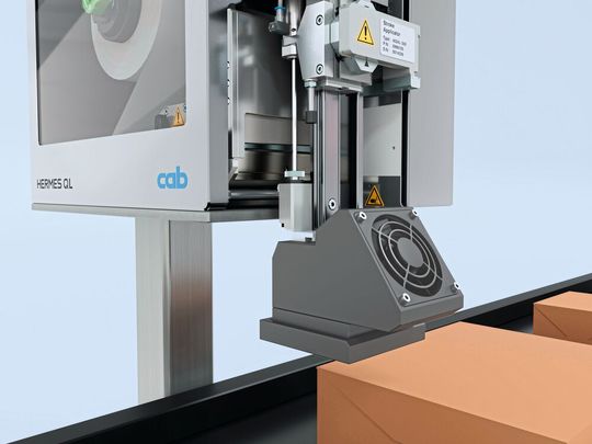 Der Hubapplikator am Hermes QL in der Detailansicht.(Bild:  Cab Produkttechnik)