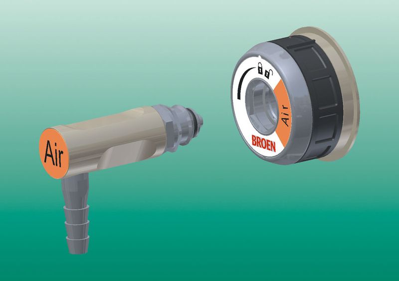 Sicherheit ist Trumpf beim Quick connect-Stecksystem:  Die über dasselbe geometrische Profil verfügenden Steckauslässe  lassen sich nur in die Basisarmaturen desselben Gases einstecken. Sie  rasten nach einer kleinen Drehung ein. Erst dann lässt sich das Ventil über den  Drehring öffnen. Eine Verwechslung der Gase ist nicht möglich. Beide, Armatur  und Steckauslass sind durch die Medienkennzeichnung gemäß EN 13792  leicht zu erkennen. (Archiv: Vogel Business Media)