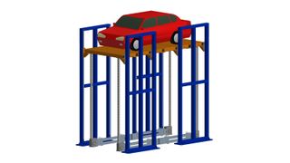 Parkstation mit vier Linearchain-Modulen: Die Schubketten drücken von unten gegen die Plattform.  (Bild: Grob)