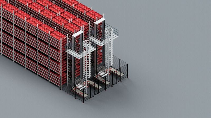 Beim durchsatzsteigernden Roaming-Konzept von Gebhardt kommt ein Shuttleheber zum Einsatz, der die OLS zwischen den einzelnen Ebenen versetzt. Damit sind 144 Ein- und Auslagerungen in der Stunde möglich. (Bild: Gebhardt )