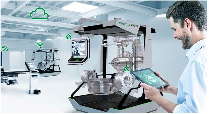 Mit der Maschine 4.0 beschreitet Schaeffler einen durchgängigen Weg in Richtung einer digitalisierten Produktion. Die erhobenen Daten werden sowohl lokal als auch in einer Schaeffler-Cloud ausgewertet, um die Ergebnisse wieder zurück an die verschiedensten Stellen vor Ort zu leiten. (Bild: Schaeffler)
