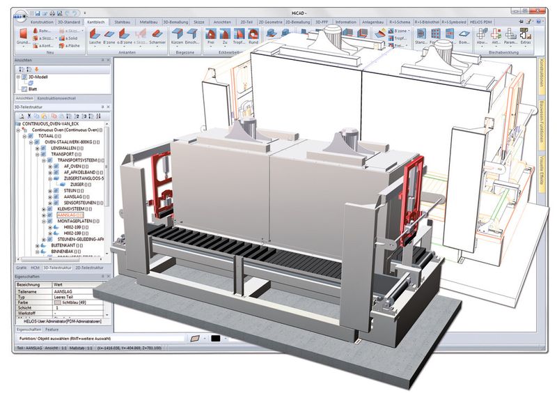 Bild 1: Im CAD-System Hicad lassen sich Blechmodelle in 3D entwerfen, wie beispielsweise der Durchlaufofen im Bild, oder 2D-Zeichnungen nutzen. (Bild: Van Eck Metalltechniek)