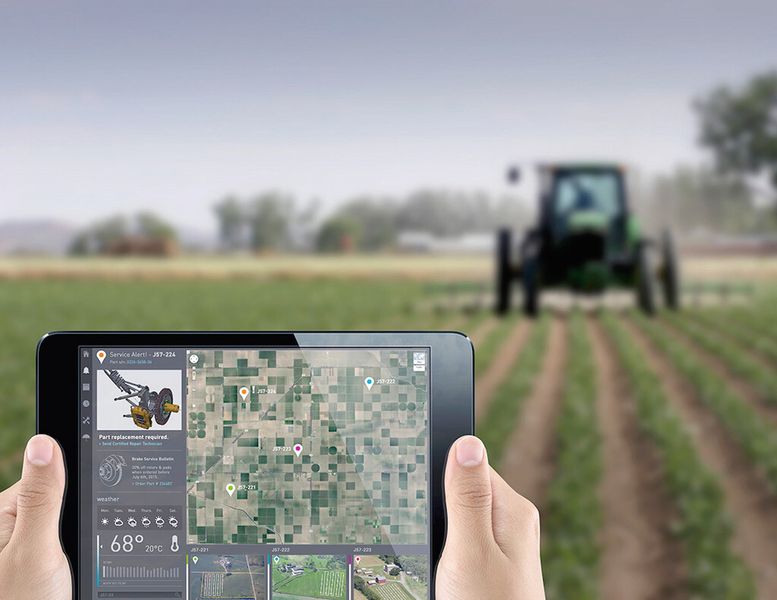 Bild 7: Dashboard einer mit der Thingworx-Plattform erstellten Smart-Farm-Anwendung: Auf dem Management-Cockpit werden die Informationen der Maschinenflotte grafisch aufbereitet und verdichtet dargestellt, wie zum Beispiel Wetterinformationen, Pflanz- und Erntedetails, Routenoptimierung oder Dieselvorrat der Maschinen im Einsatz. (Bild: PTC)