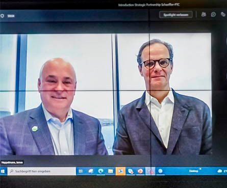 Bei der Unterzeichnung des Memorandums waren online zugeschaltet (von links): Jim Heppelmann, President und CEO bei PTC und Kevin Wrenn, Executive Vice President Products bei PTC.(Bild:  Schaeffler)