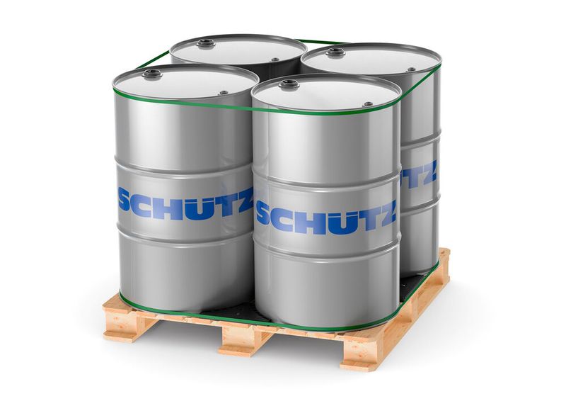 Mit der Ladungssicherung Schütz Drumfix lassen sich vier Stahlspundfässer – leer oder gefüllt – sicher auf einer Palette fixieren. (Bild: Schütz)