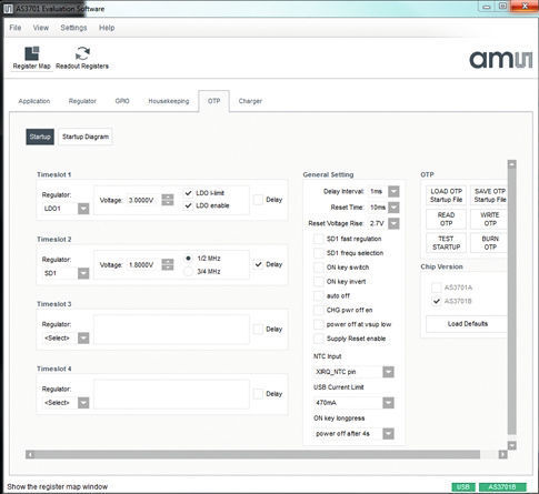 Bild 6: Der Screenshot zeigt das Design-Tool (GUI) des Evaluation-Board zum Micro-PMIC AS3701A. (ams)