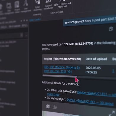 Direkt integriert: Der Eplan Copilot unterstützt Anwender der neuen Version zum Beispiel mit schnellen projektübergreifenden Artikelrecherchen oder konkreten Handlungsempfehlungen.  (Bild: Eplan)