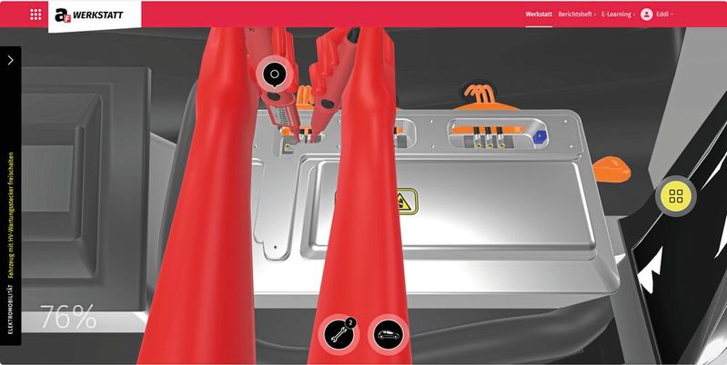 Azubis können in der virtuellen Werkstatt Hochvoltfahrzeuge mit verschiedenen Methoden spannungsfrei schalten.(Bild:  autoFACHMANN)