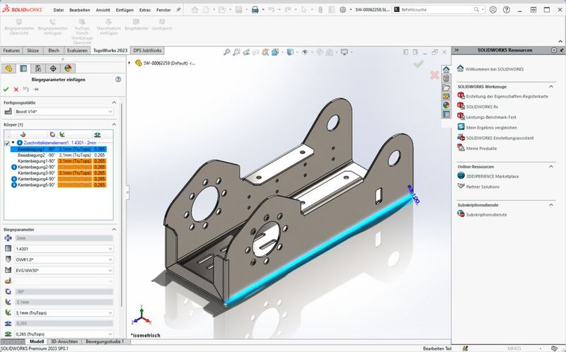 Die von der DPS Software entwickelte Lösung Tops-Works, die in Solidworks integrierte Lösung für die Prozesskette Blech mit der Tru-Tops-Reihe von Trumpf, hat ein Update erhalten. (Bild: DPS Software)
