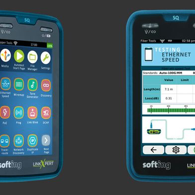 Der LinkXpert SQ bietet Standort- und Testprofile für wiederkehrende Prüfungen. Eine Smart Remote und ein USB-WLAN-Adapter gehören zum Lieferumfang.
 (Bild: Softing IT Networks)