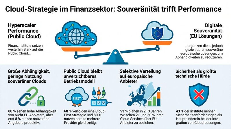 Der KPMG Cloud-Monitor zeigt: Bei souveränen Cloud-Lösungen liegen Anspruch und Wirklichkeit in der Finanzbranche noch weit auseinander. (Bild:  Gemini / KI-generiert)