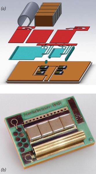 Bild 3: Modulaufbau in Embedded-Technologie (a) und (b) Prototyp einer 1200-V-Halbbrücke mit SiC-JFETs (ECPE in Kooperation mit Fraunhofer IZM) (Bild: FhG-IZM/ECPE)