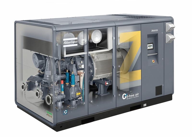 Bild 3: Innenansicht eines ölfrei verdichtenden Schraubenkompressors mit Drehzahlregelung, hier ein ZR 500 VSD. Er stellt eine Ergänzung in einer Druckluftstation mit mindestens einem Turbokompressor dar.  (Bild: Atlas Copco)