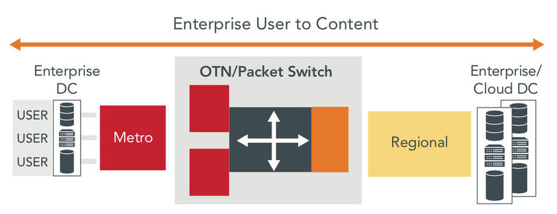 Abbildung 6: Ein OTN/Packet Switch im Point of Presence des Service Provider richtet Verbindungen zwischen dem Metro- und Regional-Netzwerk automatisch ein. (Ciena)