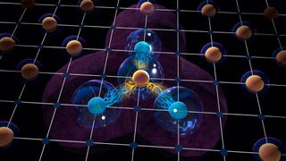 Darstellung eines Mehrteilchen-Quantengatters mit gefangenen Rydberg-Atomen. Ein zentrales Qubit kontrolliert den Zustand von mehreren benachbarten Qubits über die starke Wechselwirkung zwischen Rydbergatomen.    (Bild: Celina Brandes, Universität Stuttgart)