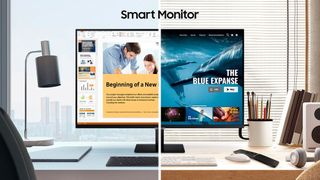Samsungs 2-in-1-Monitor: Die Smart-Monitor-Modelle M5 und M7 können als herkömmliche PC-Displays genutzt werden, sind aber gleichzeitig kleinformatige Entertainment-Geräte mit einigen Smart-TV-Funktionen. Ein TV-Tuner ist allerdings eingebaut. (Samsung)