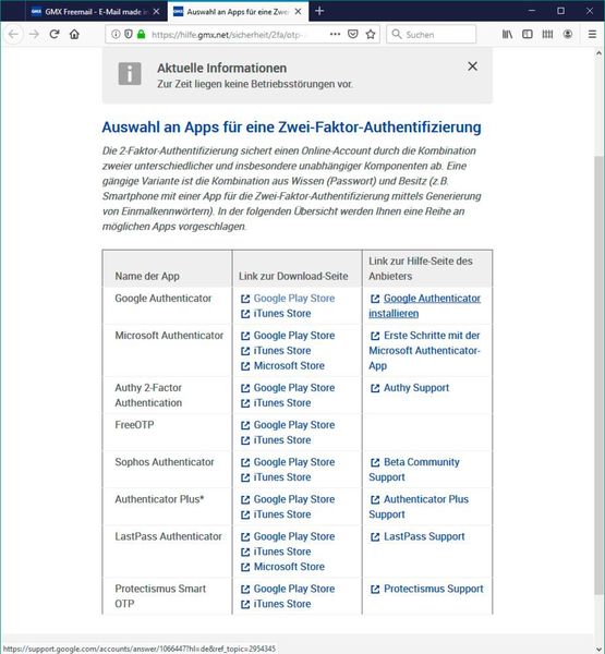 Zahlreiche Apps unterstützen die von GMX angebotene 2FA. Für unsere Gehversuche haben wir den Google Authenticator gewählt. (Screenshot (gmx.de))