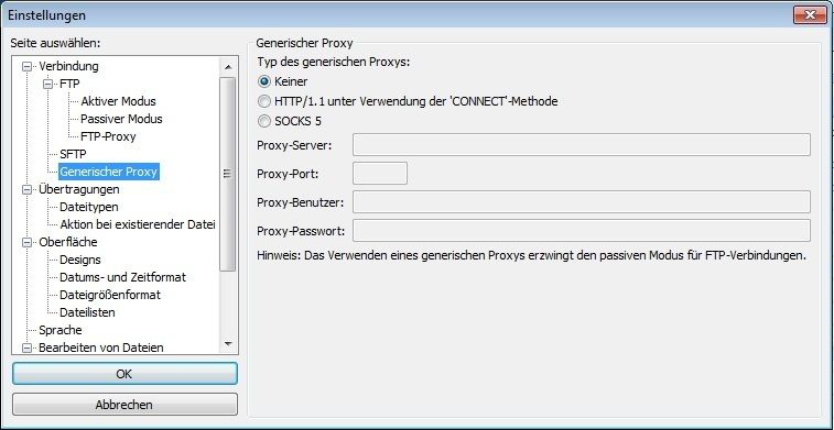 Abbildung 3: Um kompatibel mit anderen Proxy-Servern zu sein, können Angaben über generische Proxy eingeben werden. Kennt der Proxy Server weder SOCKS 5 noch HTTP/1.1, kann es mit der Einstellung „keiner“ versucht werden. Seltsamerweise erkennt FileZilla dann trotzdem einen verbundenen Microsoft Proxy (ISA Server) und verbindet sich korrekt mit diesem. (Archiv: Vogel Business Media)