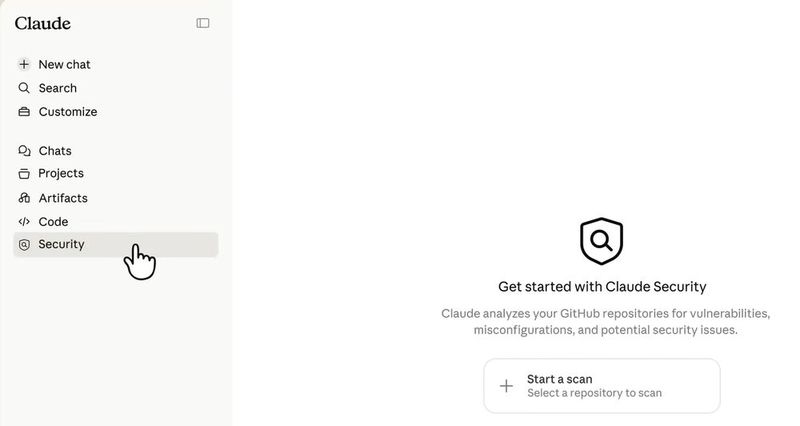 Über den Menüpunkt „Security“ in der Seitenleiste erreicht der Nutzer den Einstieg zu Claude Security und prüft über „Start a scan“ ein GitHub-Repository auf Schwachstellen. (Bild: Joos)