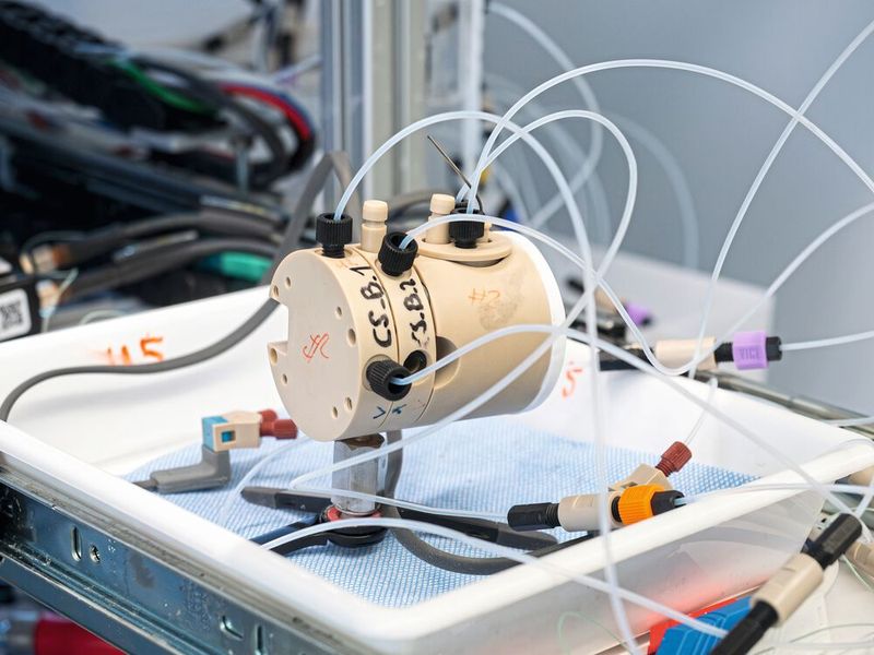 Einer von Vielen: Jeder Reaktor ist über hunderte von Metern von Schläuchen an mehrere Zu- und Ableitungen für Gase und Flüssigkeiten sowie an diverse Messinstrumente angeschlossen. (Bild: Empa)