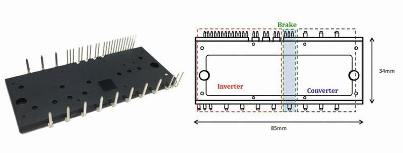 Bild 3: DIPIPM+-Dual-Inline- Gehäuse mit Abmessungen.  (Bild: Mitsubishi Electric)